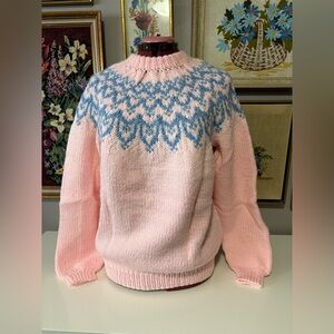 Homemade Knit Pink and Blue Patterned Women's Sweater
